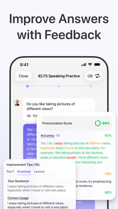 Instant AI feedback with pronunciation score and grammar fixes
